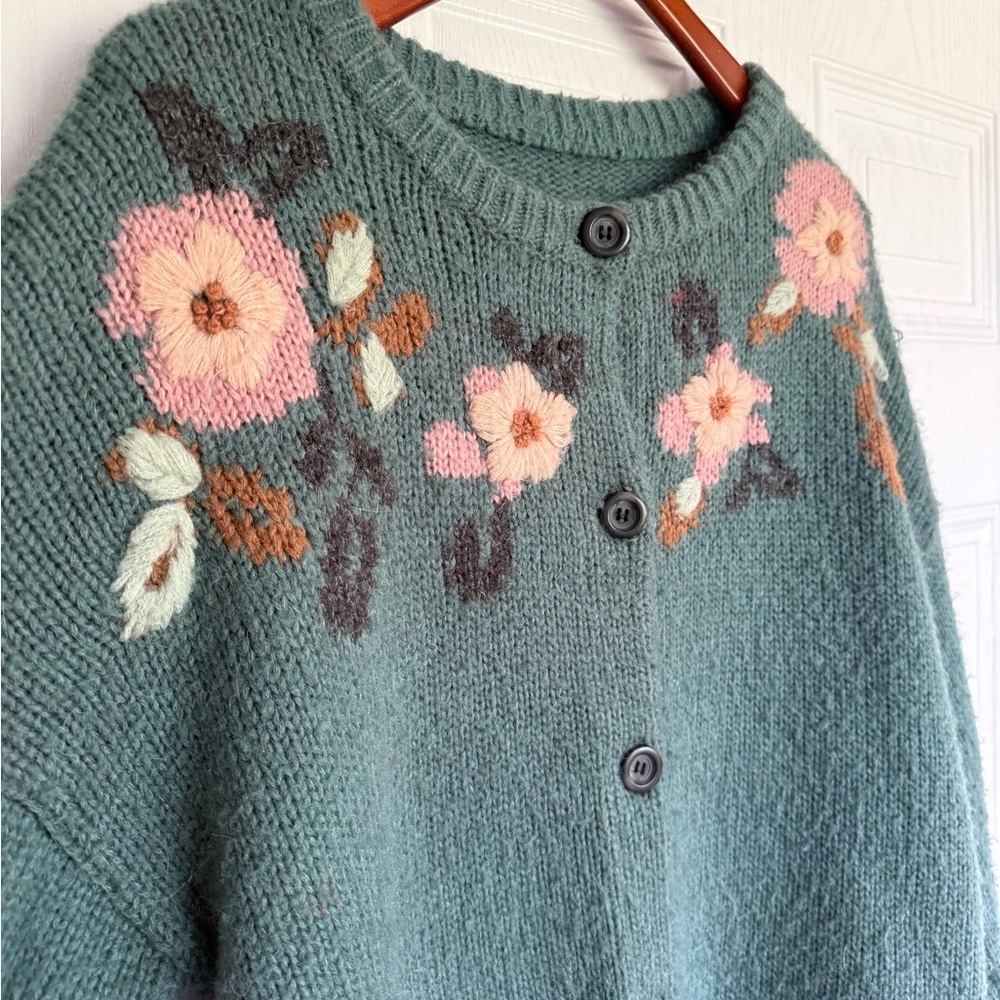 Sundance green floral embroidered button down cardigan sweater - L - Picture 2 of 5